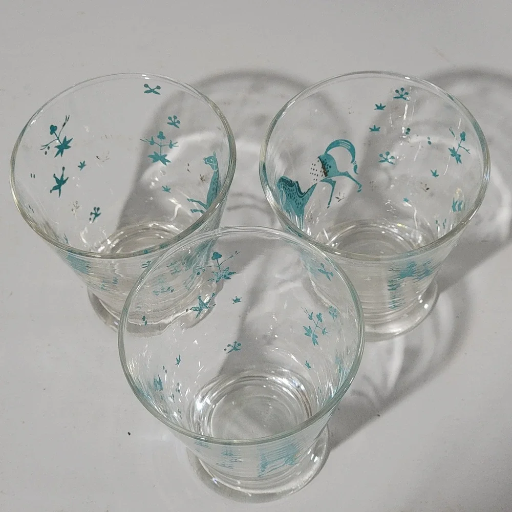 Vintage Mid Century Turquoise Gold Horse Juice Glasses Set of 3 MCM Barware 3in